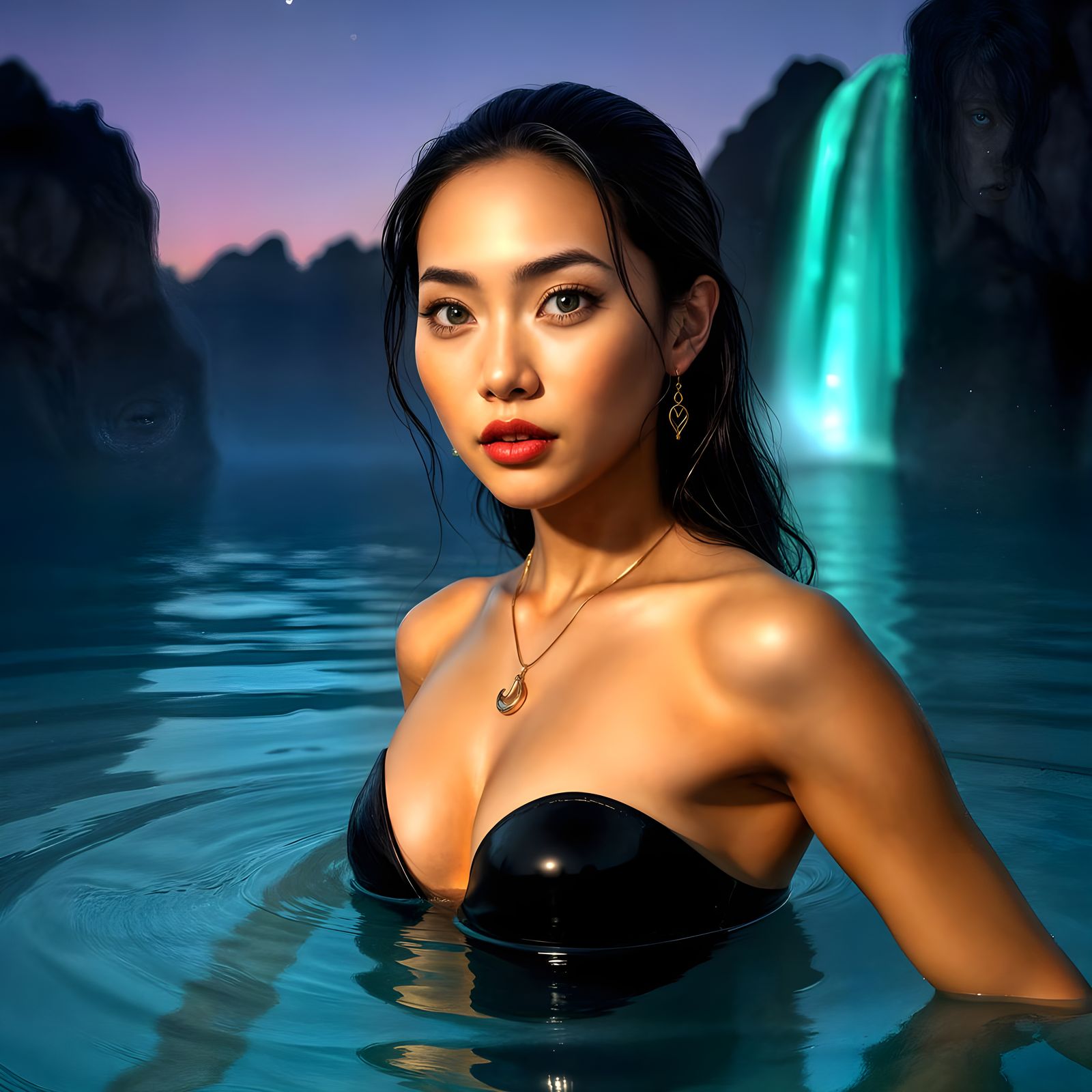 Asian Goddess Emerging from the Water in a Glimmering Black ...