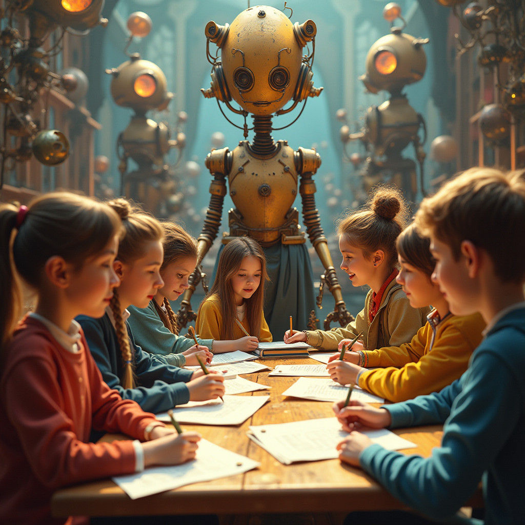 Enthusiastic Students Learning Dutch with Steampunk Robots