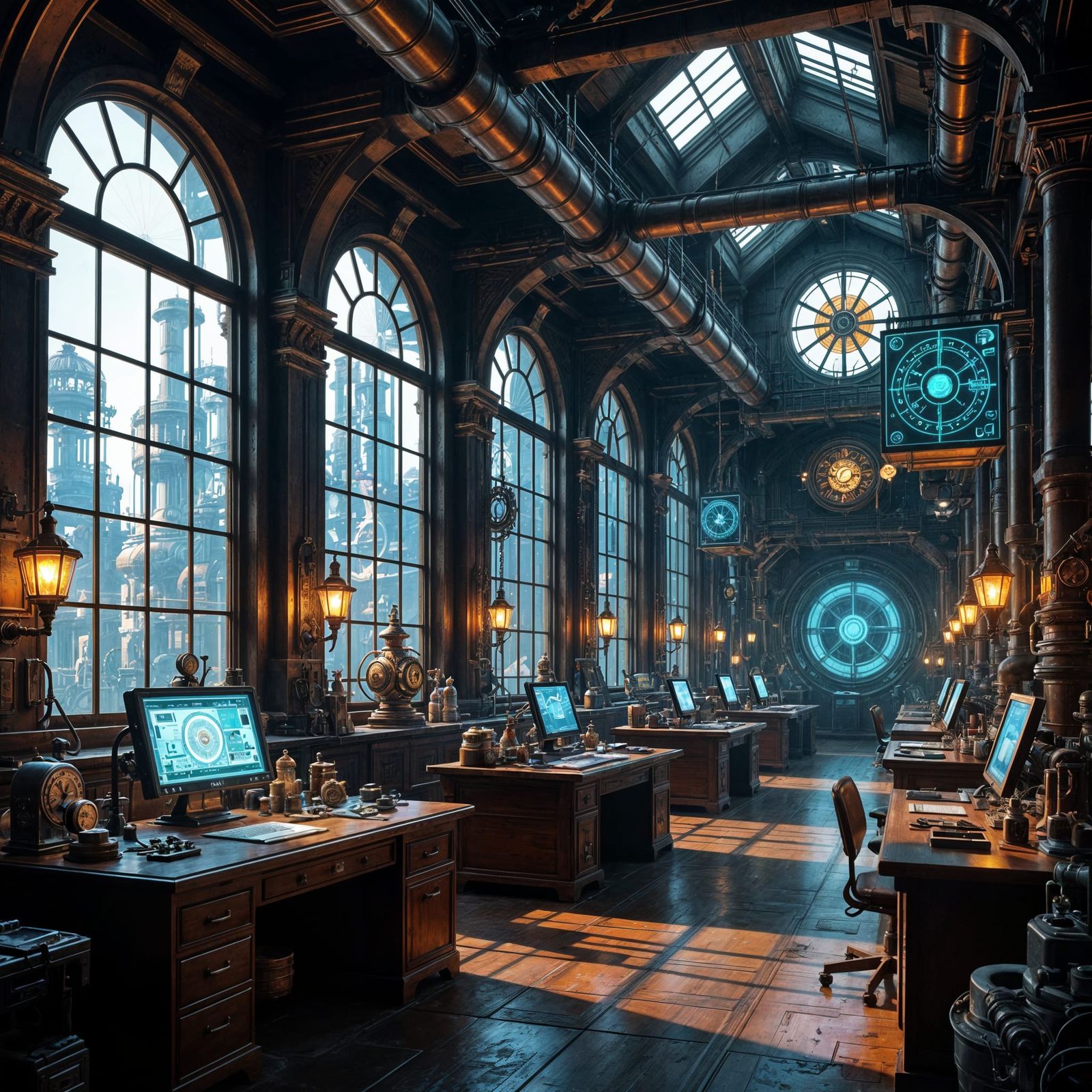 Steampunk Factory with Clockmaker Tools and AI Interfaces