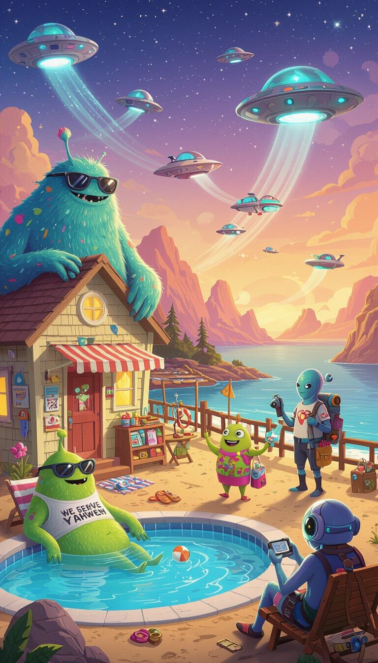 Whimsical Alien Monsters Enjoying a Vibrant Intergalactic Re...
