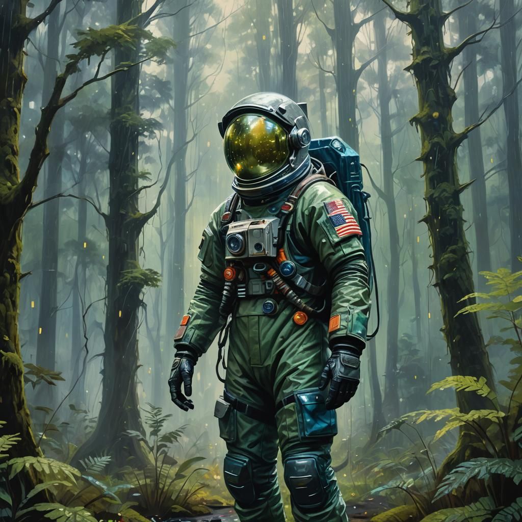 Astronaut in Rain-Soaked Forest Concept Art
