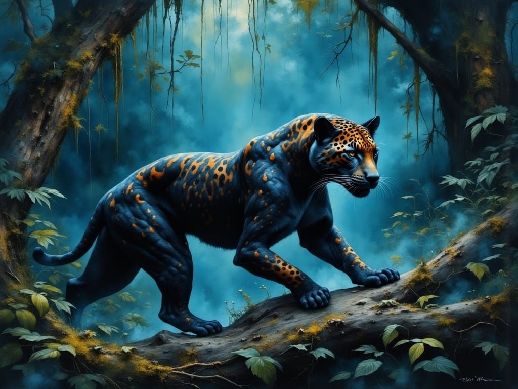 Moonlit Jaguar in Mystical Jungle Landscape