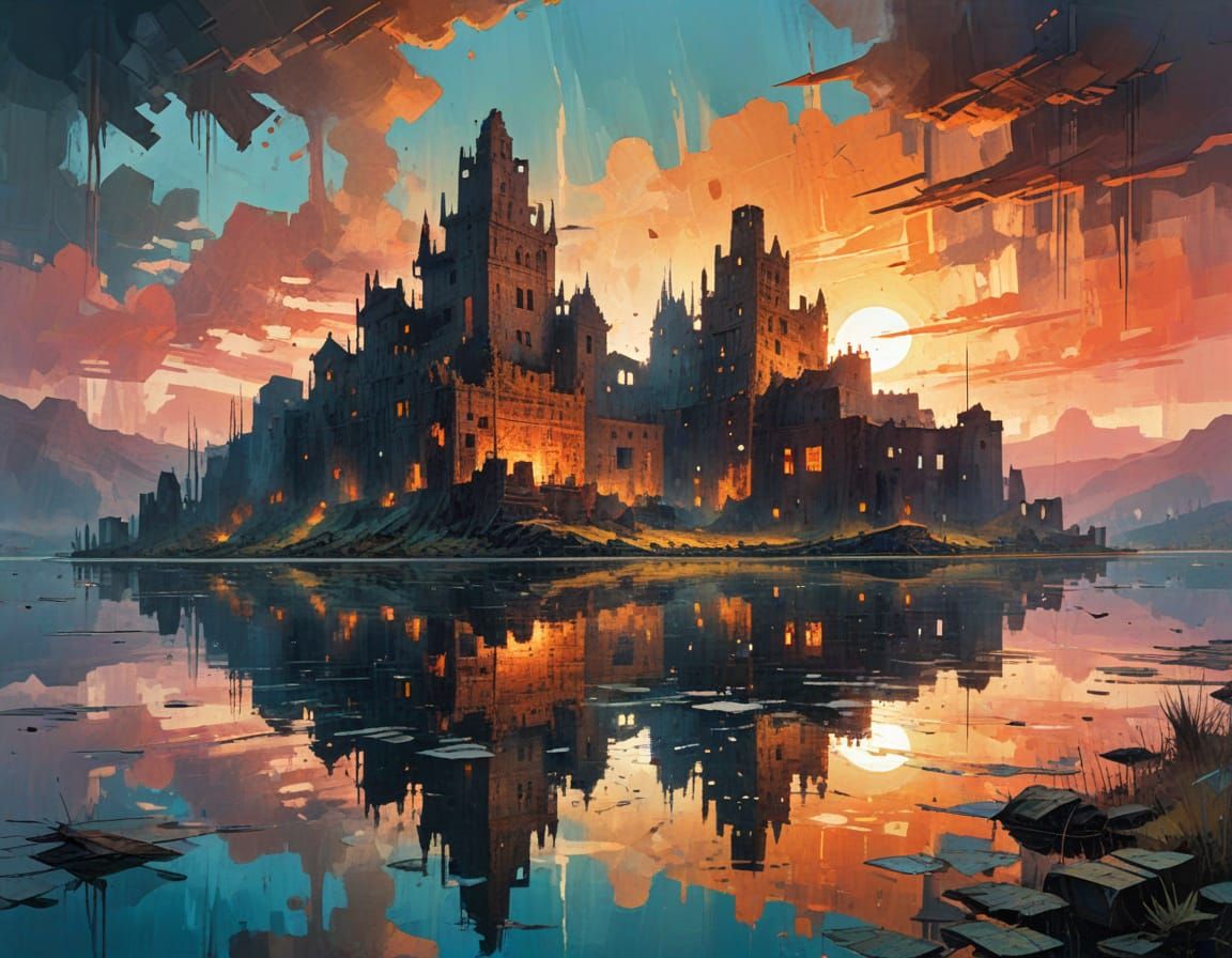 Ruined City Landscape in Sunset Reflections, in an Expressio...