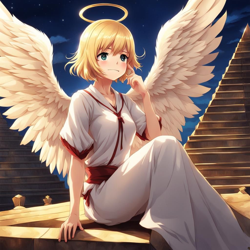 Anime Angel Woman on Egyptian Pyramid