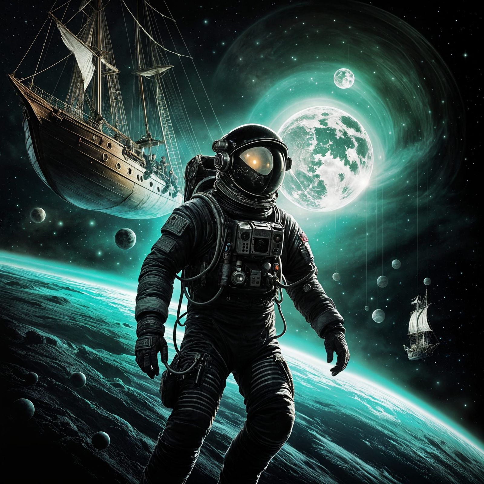 Halloween Astronaut and Ghost Ship in Space