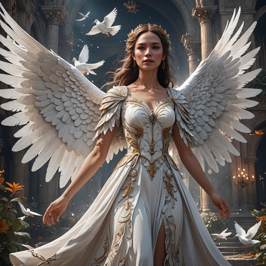 Woman with Dove Wings in Detailed Matte Painting