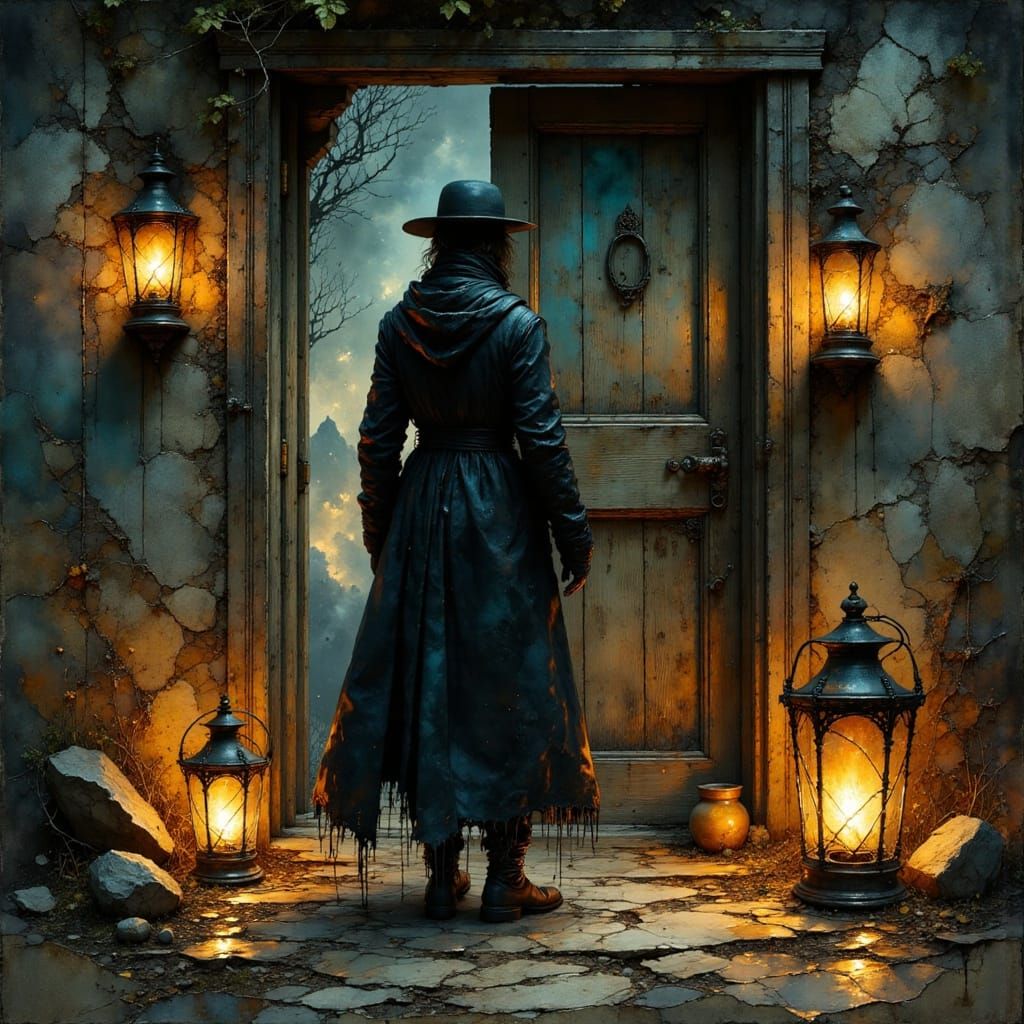 Mysterious Figure at Doorway in Digital Painting Style