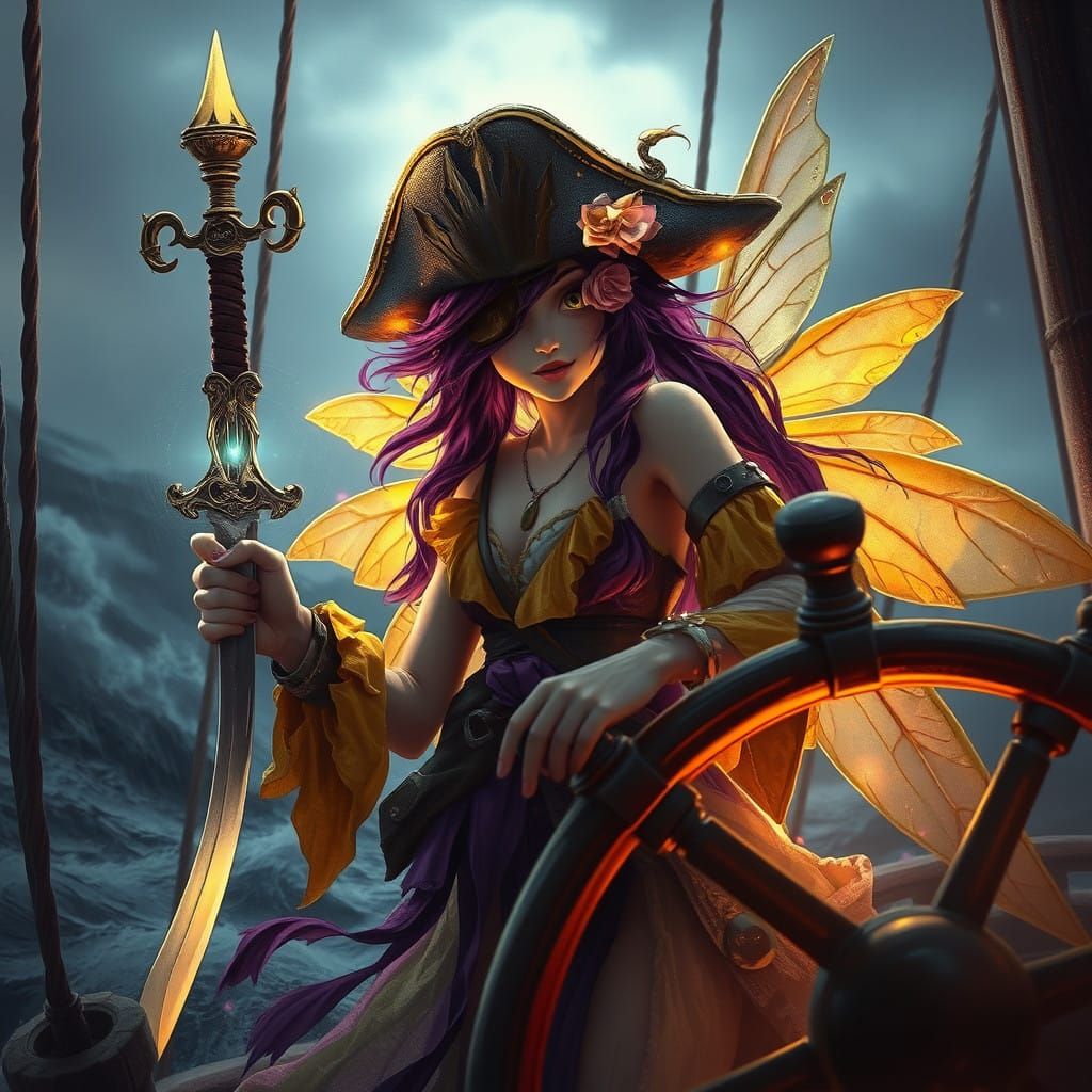 Mysterious Pirate Fairy Reigns over Turbulent Seascape