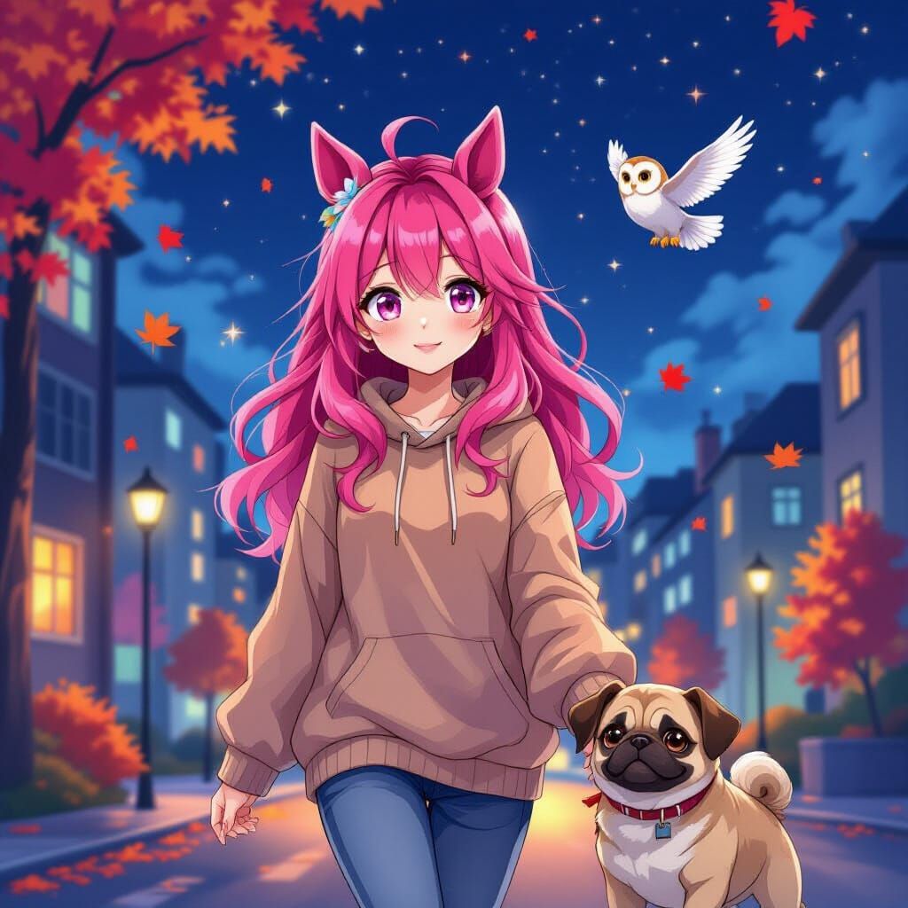Anime Girl with Pink Hair and Horse Ears Walking a Pug