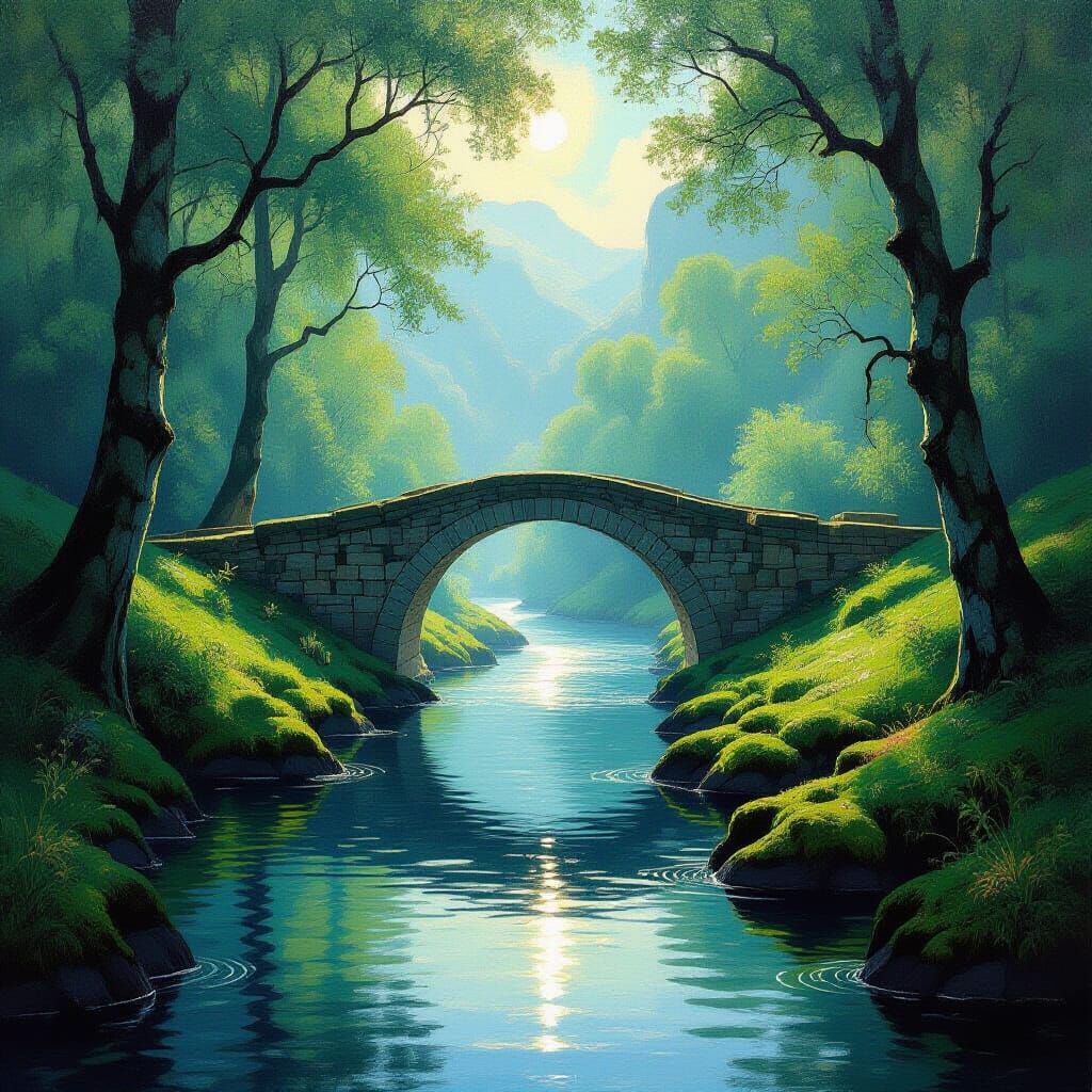 Bohemian River Valley Painting with Stone Bridges and Dapple...