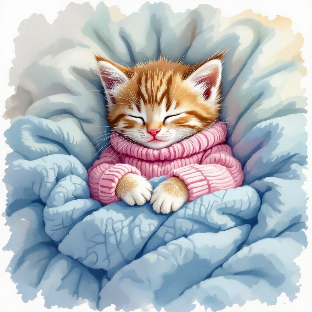 Baby Kitten Sleeps in Blue Blankets, Watercolor Style