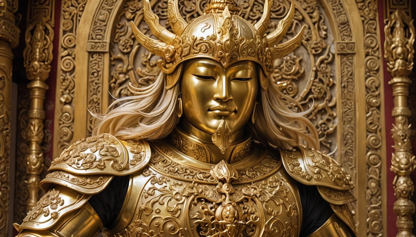 Shaka of Virgo, His long blonde hair flows gracefully, and his helmet without mask is revealing an oriental face with cl...