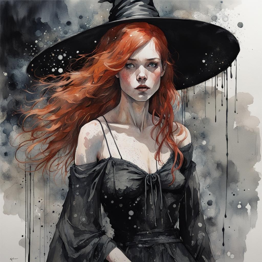 Beautiful Redhead Witch in Watercolor Style