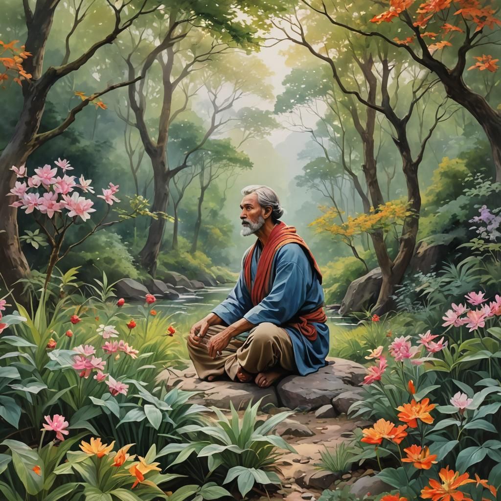 Meditative Man in Nature: Detailed Matte Painting