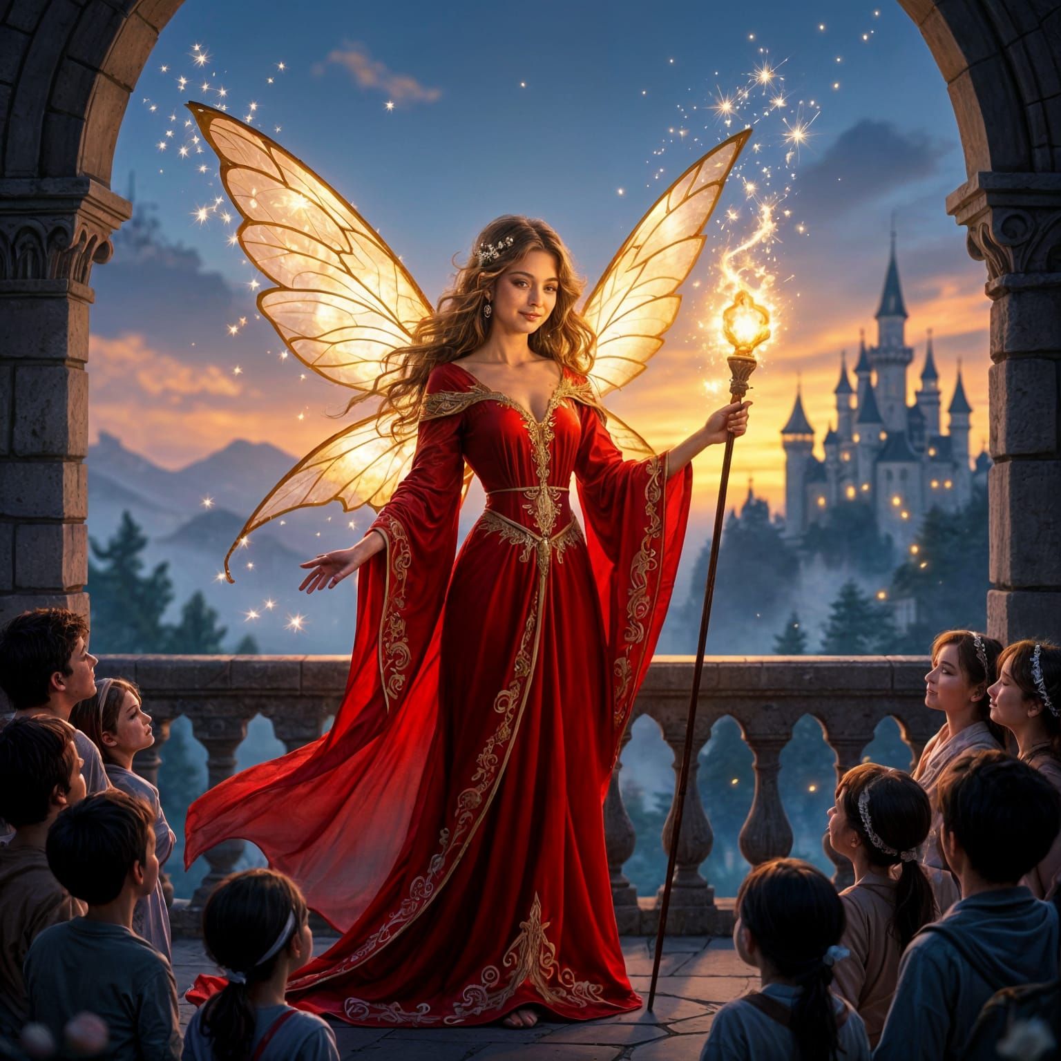 Fairy Visitor on Castle Balcony at Twilight