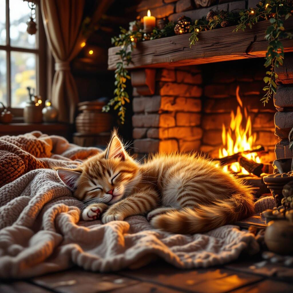 Cozy Kitten in Cottage, Fantasy Concept Art