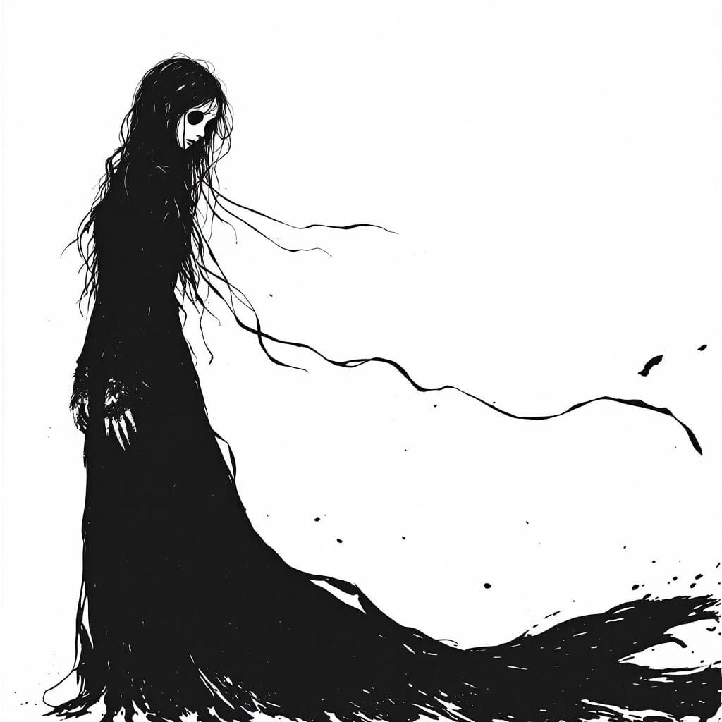 Dramatic Ink Drawing of Figure in Black Dress