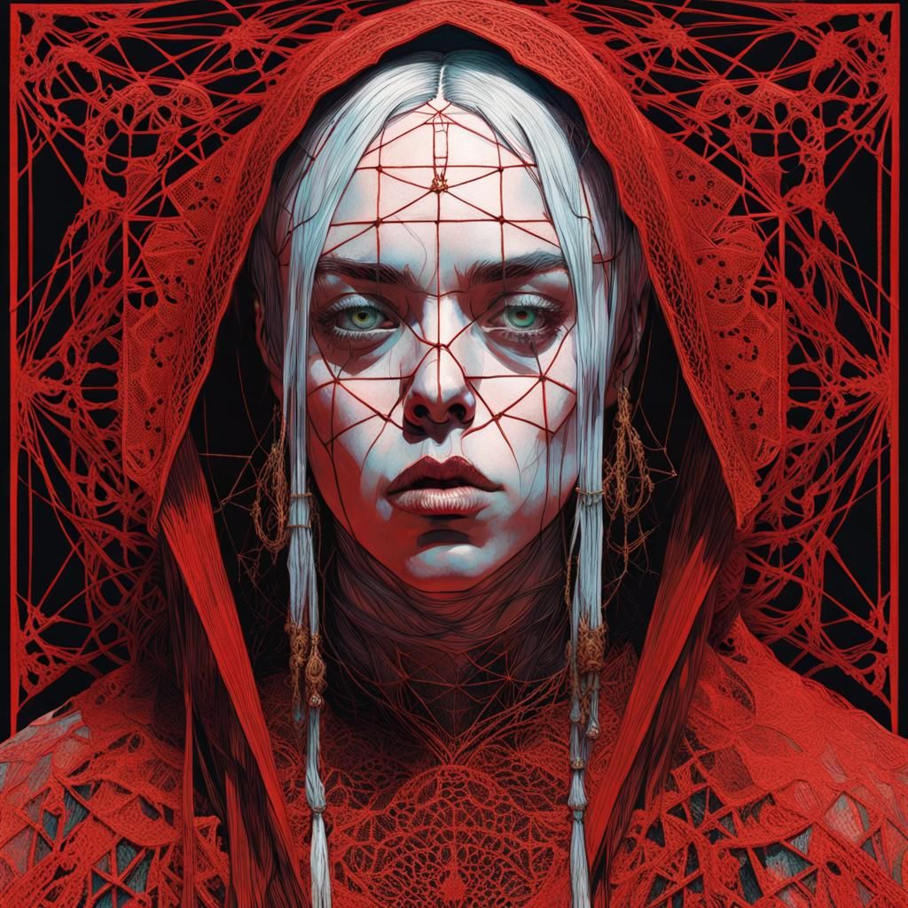 Ethereal Mother in Red Lace: Simplistic Line Art