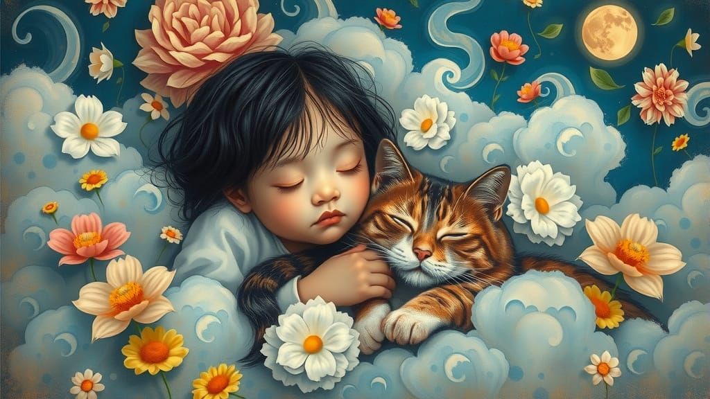 Young Asian Girl Sleeping with Majestic Cat in Dreamy, Surre...