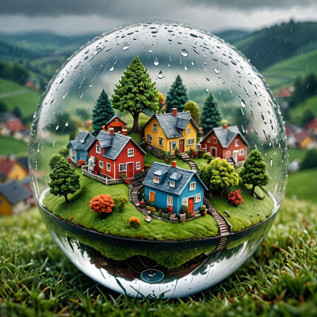 Miniature World Inside a Raindrop, Hyper-Realistic Macro Pho...