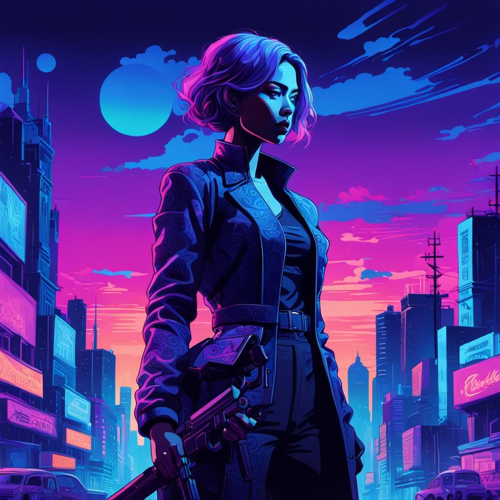 Neon Woman with Gun in Fauvist Graffiti Style