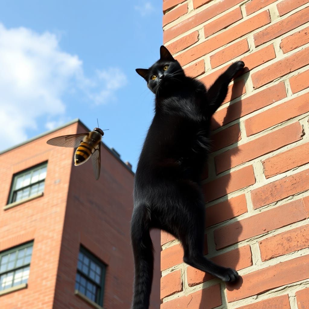 A Black Cat in Stealthy Pursuit, Climbing a Brick Building