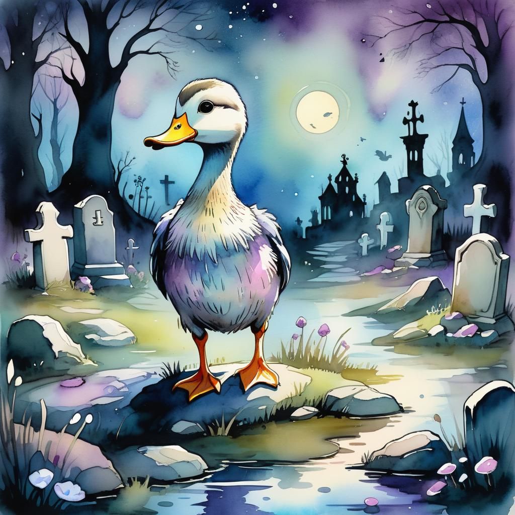 Ethereal Duck in Graveyard, Ink and Watercolor Illustration