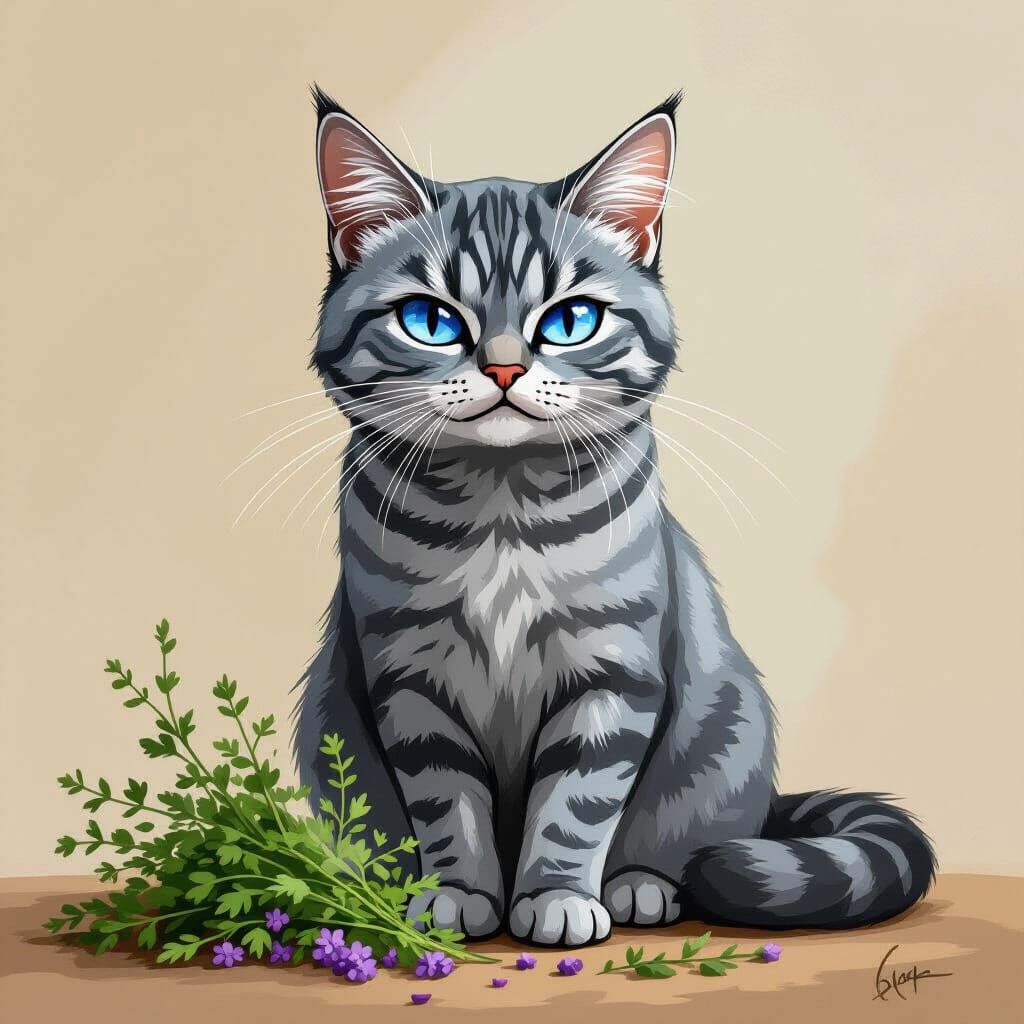 Blue-Grey Tabby Cat with Blind Eyes, as Digital Art