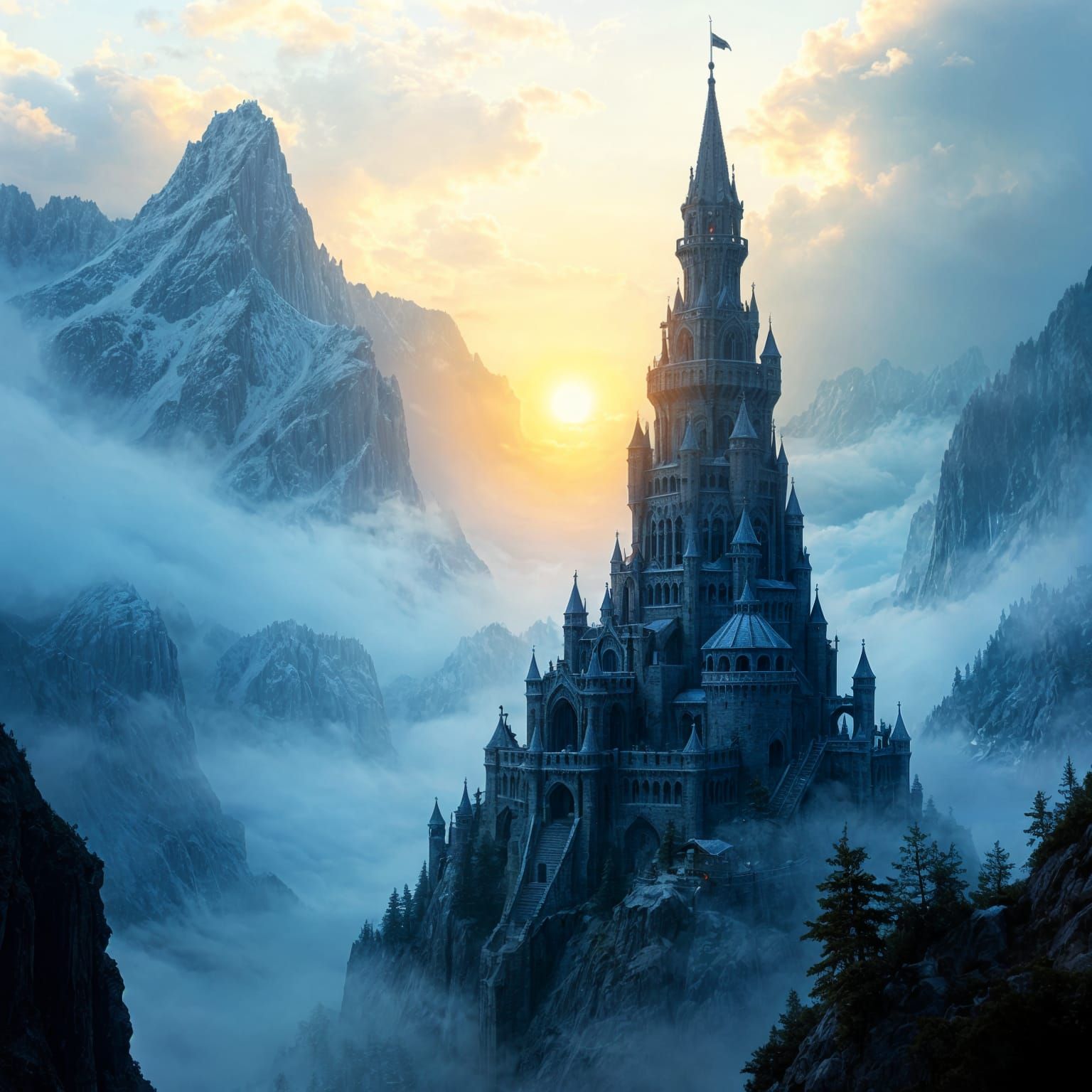 Epic Digital Tower Castle Amidst Misty Mountains