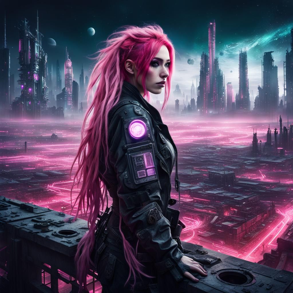 Spacepunk Girl with Pink Hair in Neon City