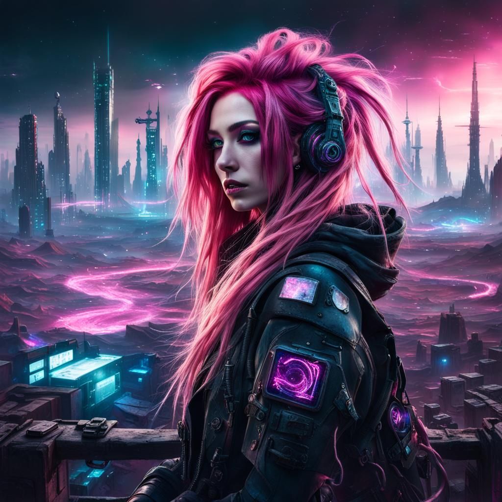 Cosmic Girl in Spacepunk Cyberpunk Cityscape