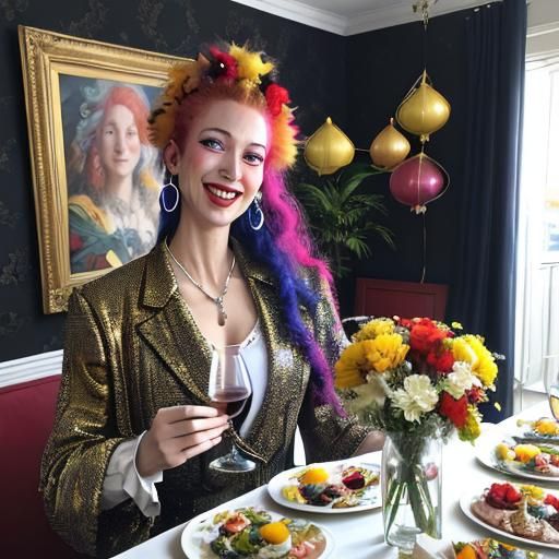 Cosmic Housewarming Party in Oil Painting Style