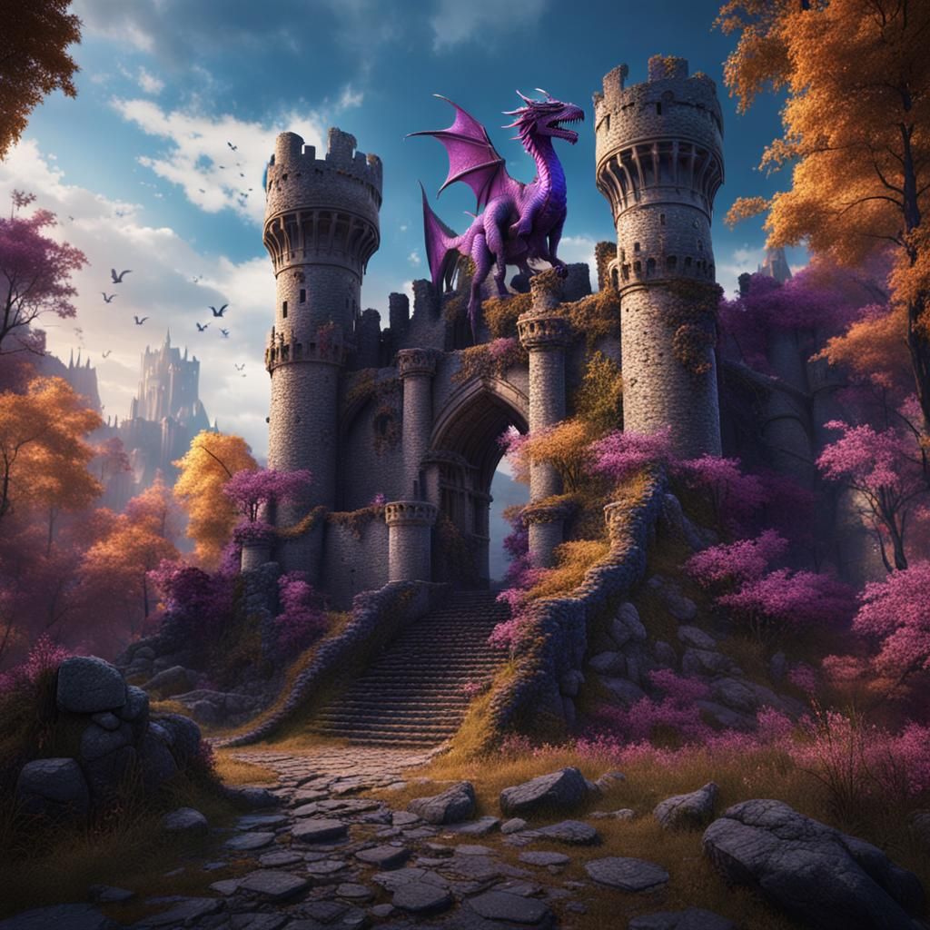Purple Dragon in Medieval Castle Ruins