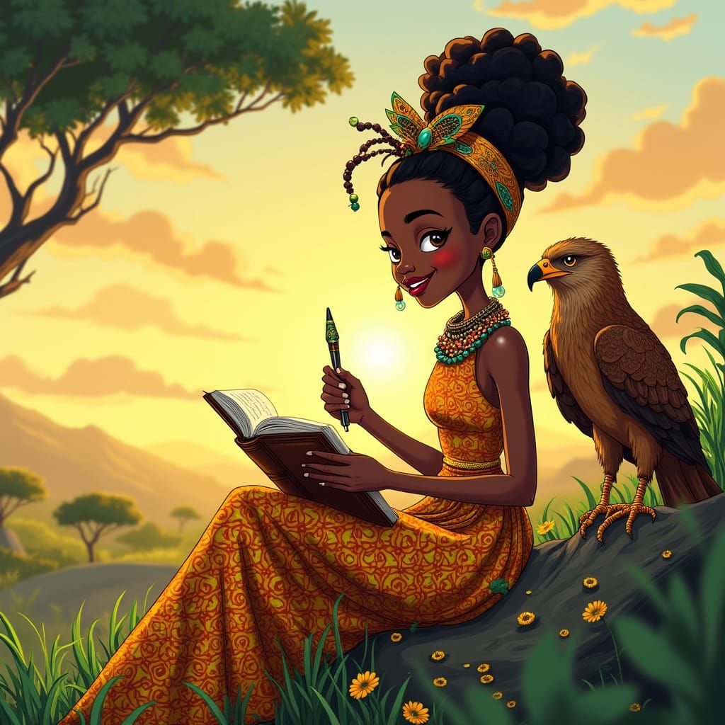 African Girl Writes with Magical Pen Under Sunset in Whimsic...
