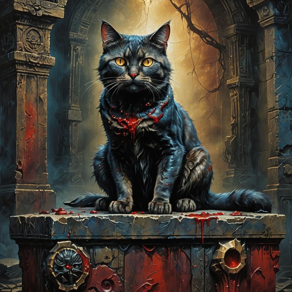 Blood-Soaked Cat Portrait in Dark Fantasy Horror Style