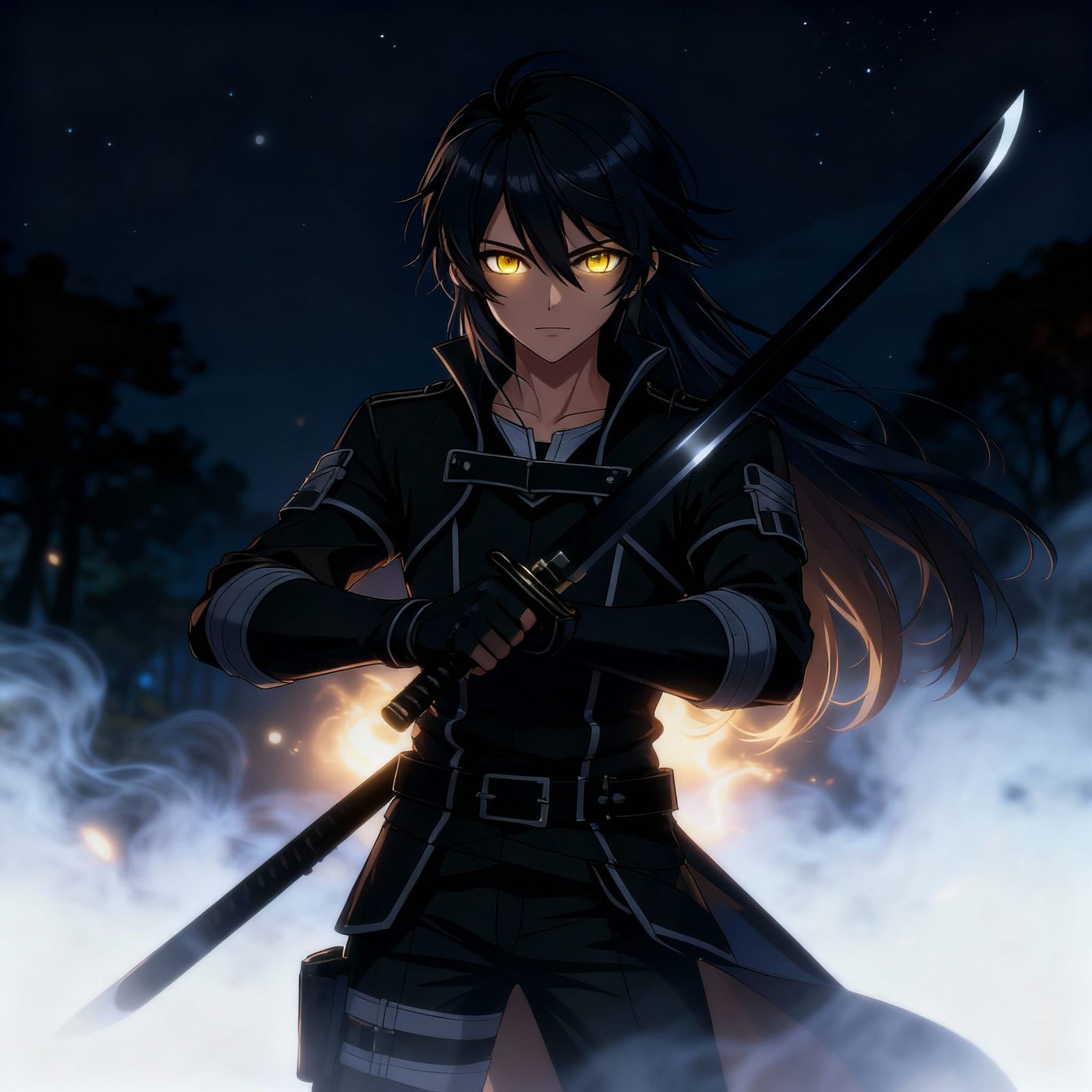 Long-Haired Male Warrior with Black Sword in Glowing Mist