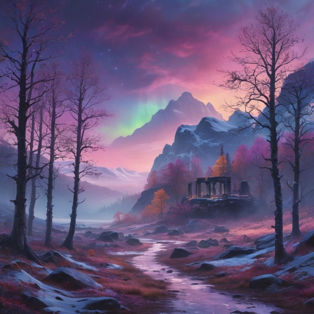 Mystical Scandinavian Forest with Aurora Borealis