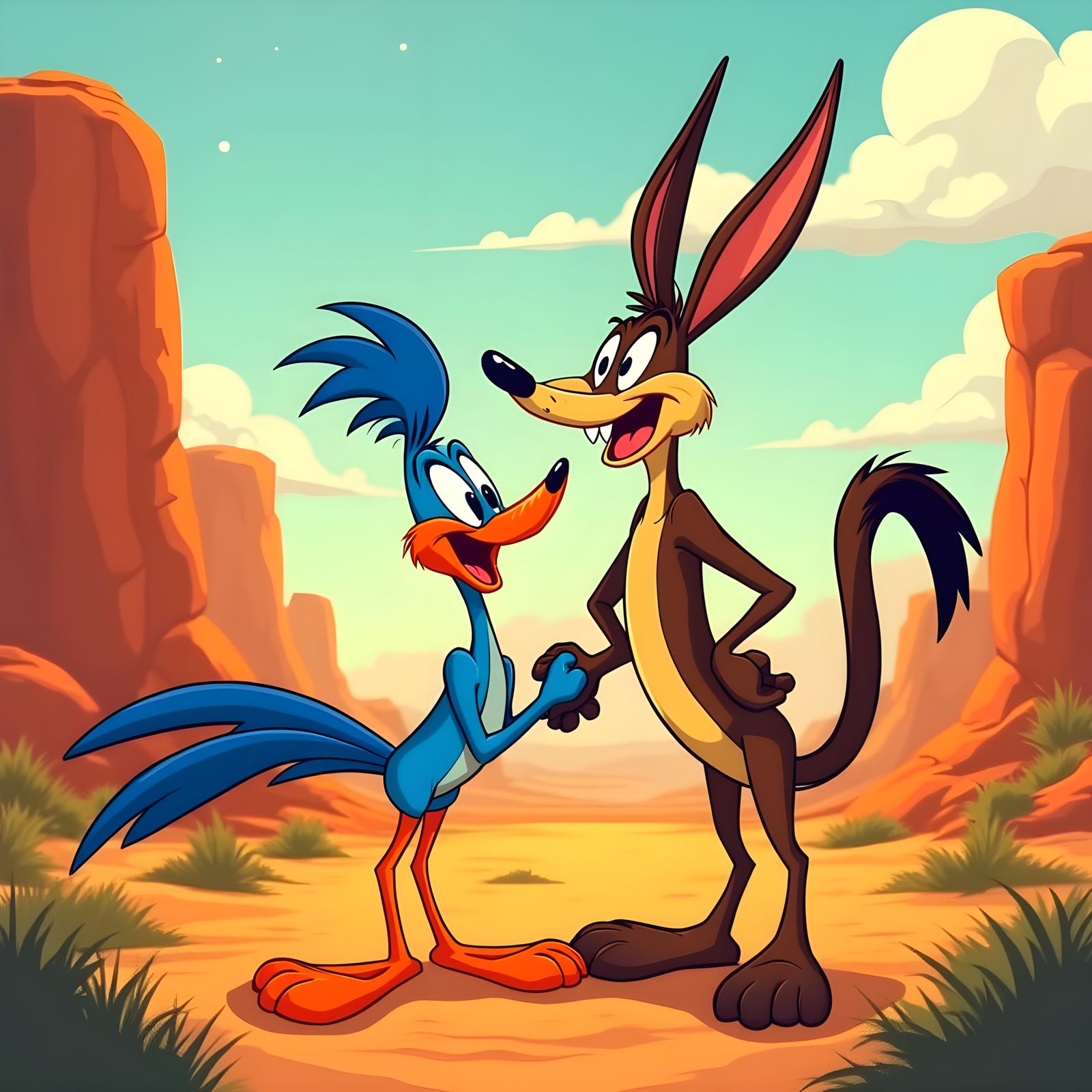 Friendly Coyote and Roadrunner in Looney Tunes Style