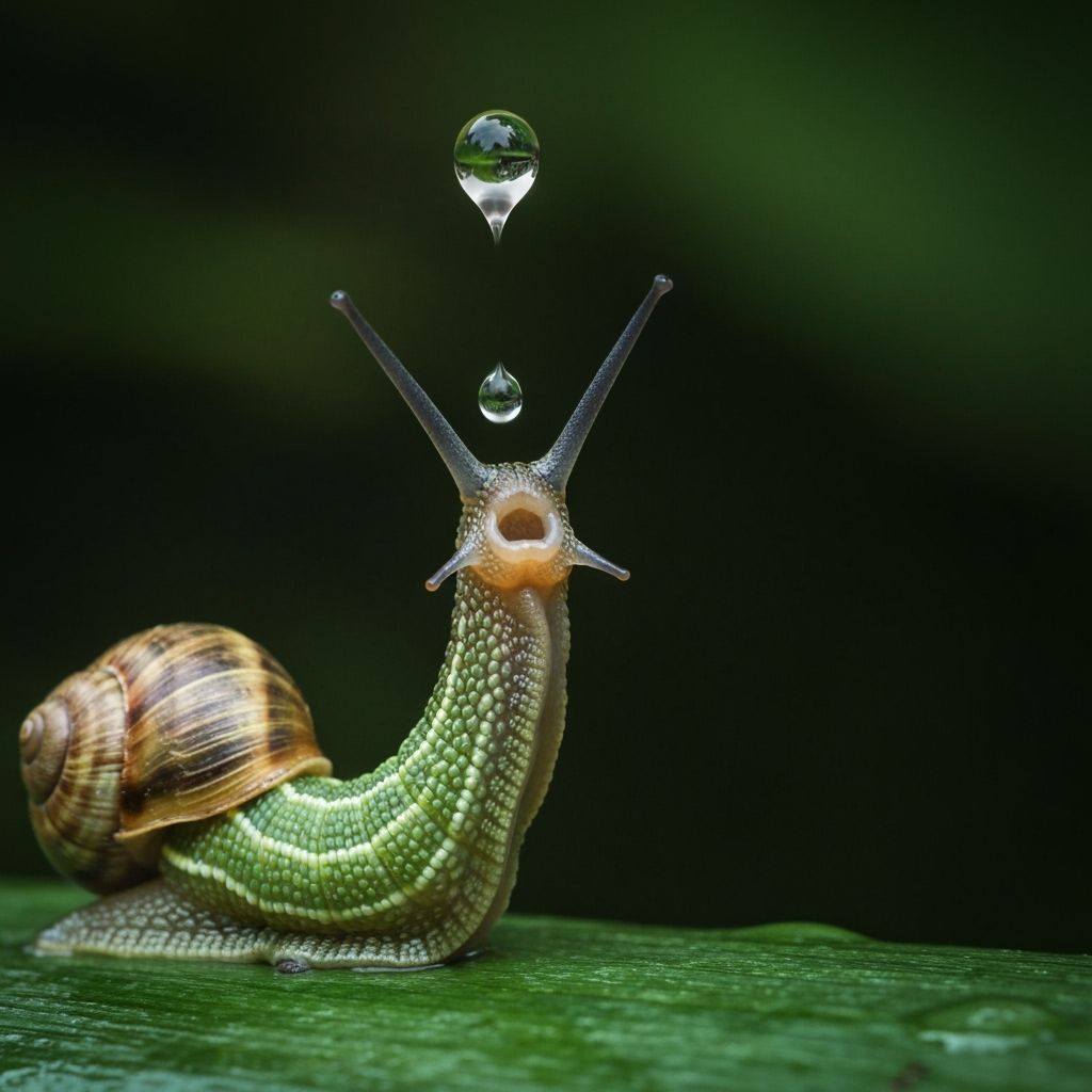 Snail Lunges for Falling Raindrop on Green Leaf
