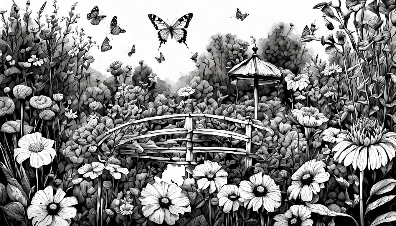 Botanical Garden Flowers and Butterflies in Ink