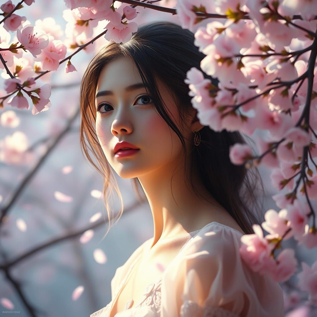 Serene Woman amidst Sakura Blossoms in Dreamy Light
