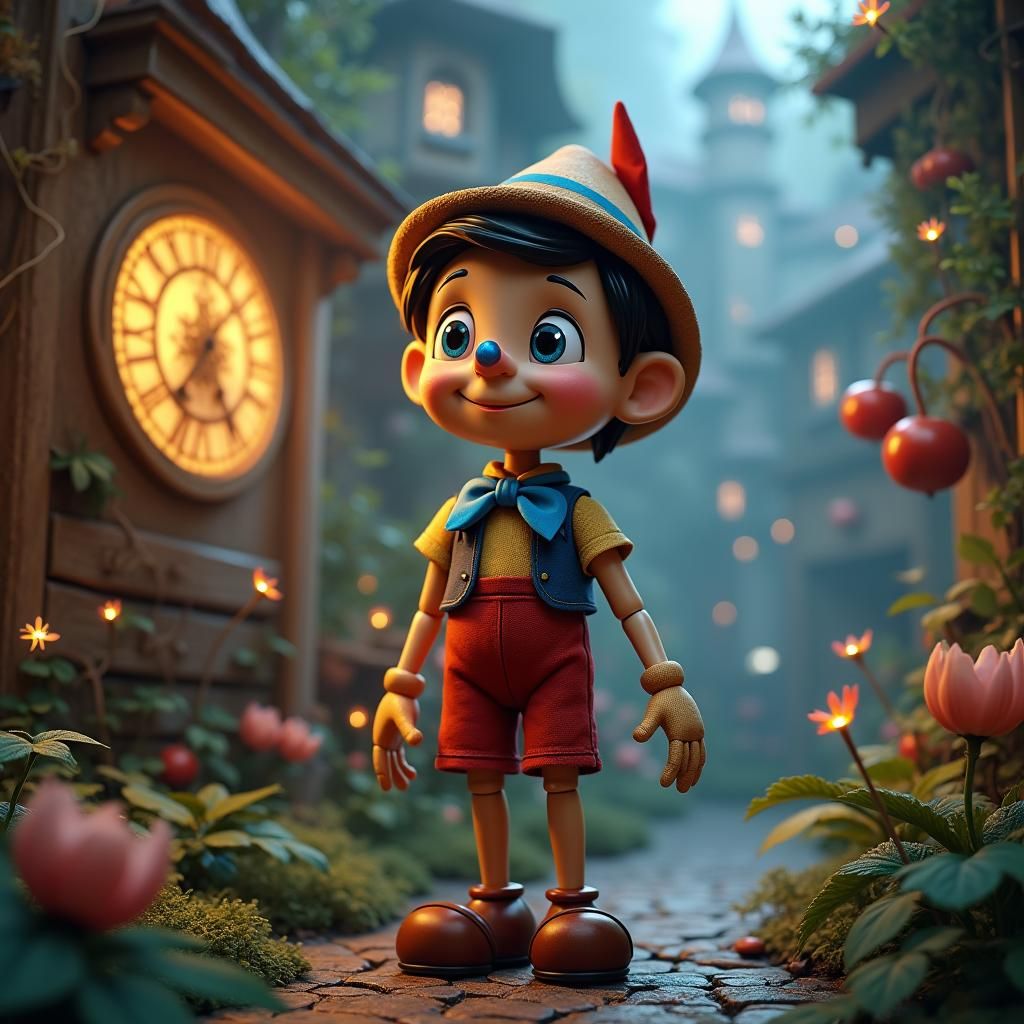 Pinocchio in Whimsical Dreamscape, Hyper-Realistic Matte Pai...