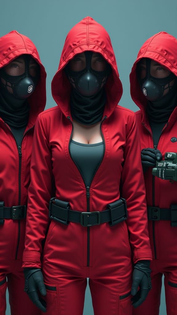 Anime-Style Female Guards in Crimson Tactical Uniforms