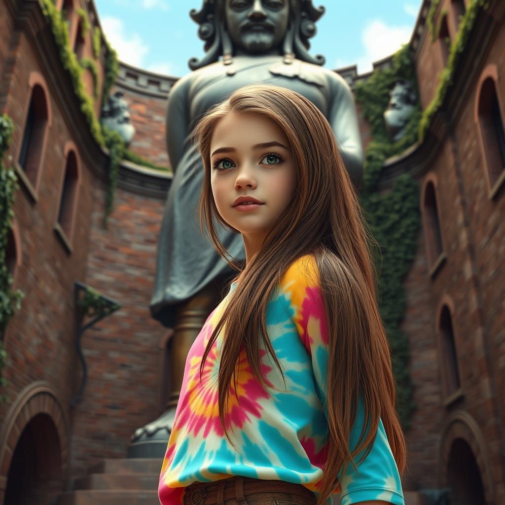 Young Girl in Vibrant Tie-Dye Shirts Standing in Front of Br...