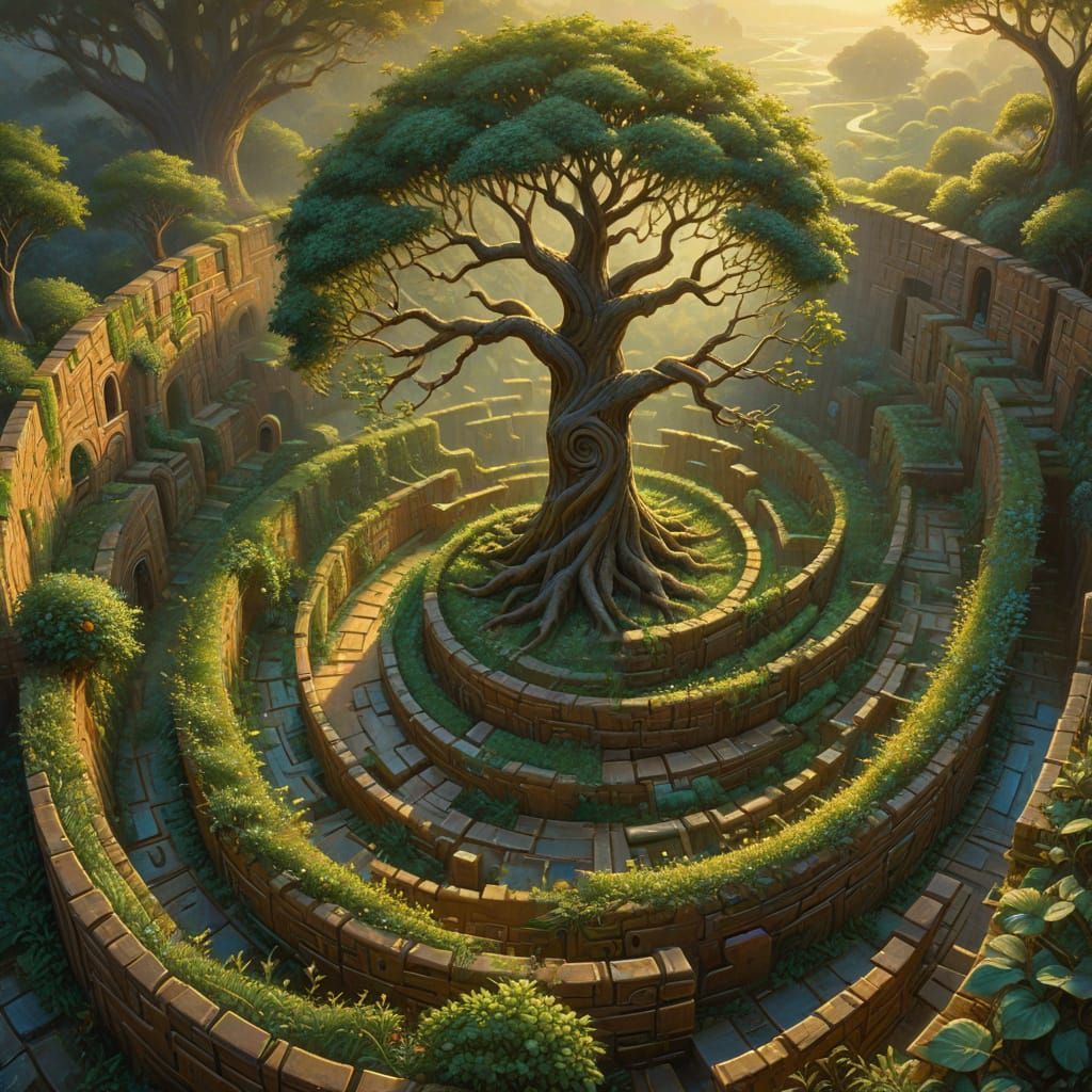 Surreal Tree Grows in Maze: Dreamlike Oil Painting