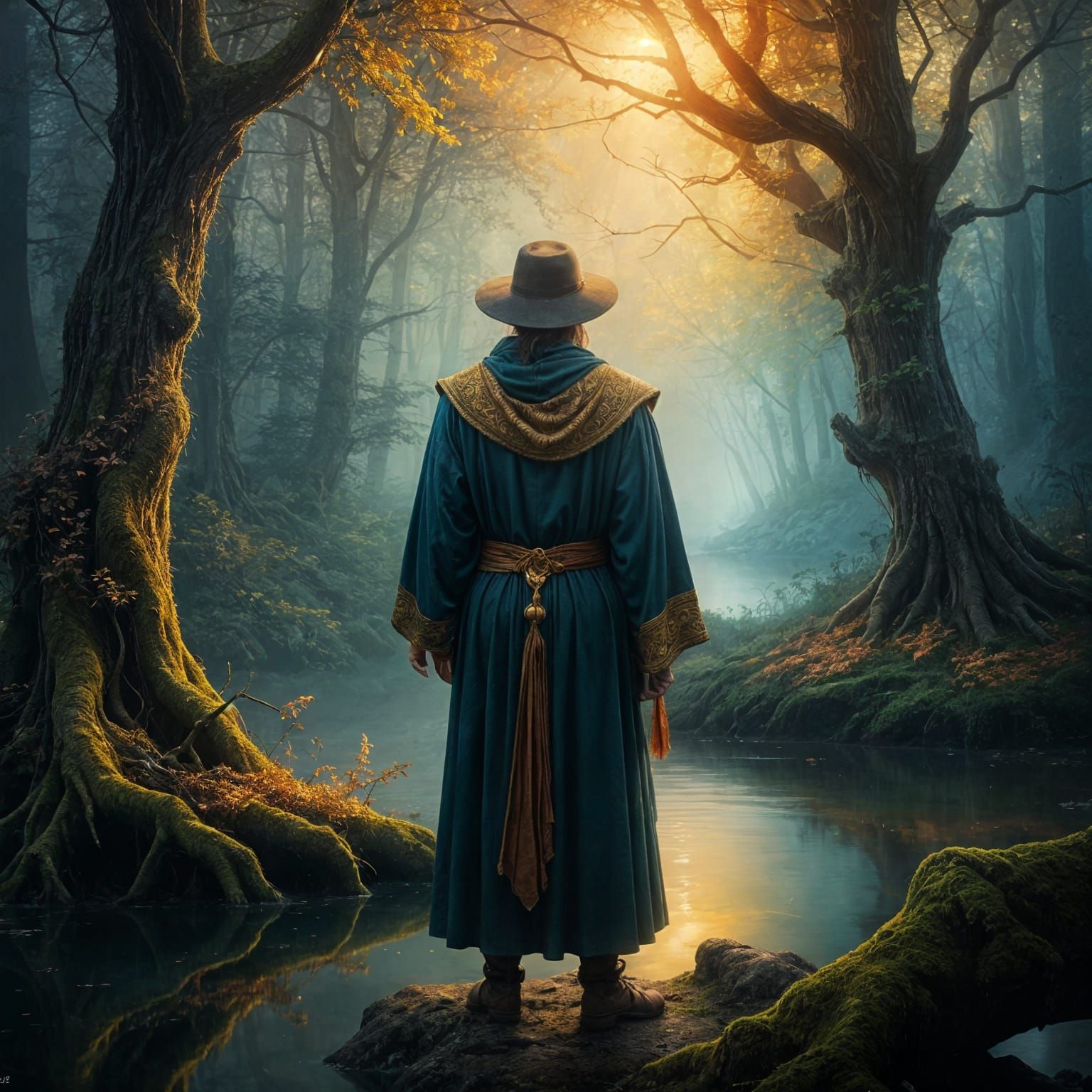 Fantasy illustration. Medium shot. A sorcerer stands in an ancient forest. Close up. Vibrant oil painting with triadic c...