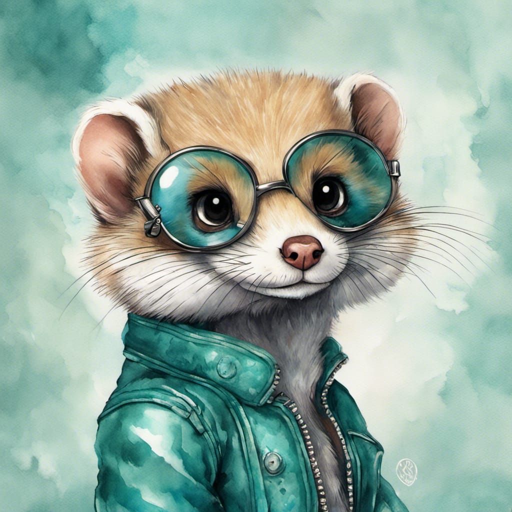 Adorable Weasel in Teal Jacket Watercolor Painting