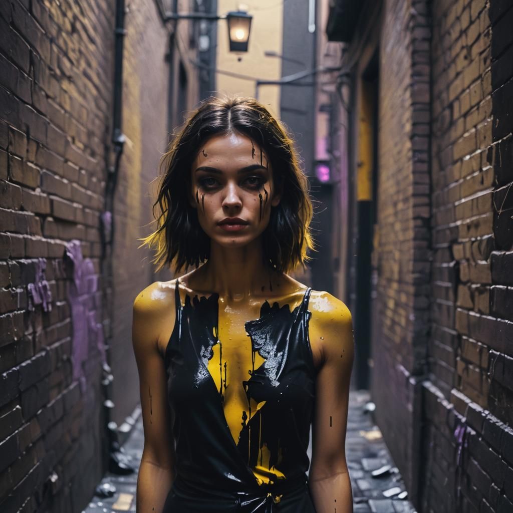 Neo-Noir Woman Painting Body in Dim Alleyway