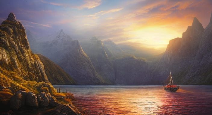 Viking Apprentice at Sunset in Fjords, Watercolour Painting