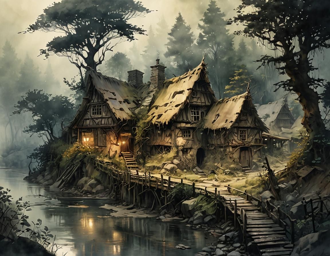 Enchanted Village on Misty River: Watercolor Art